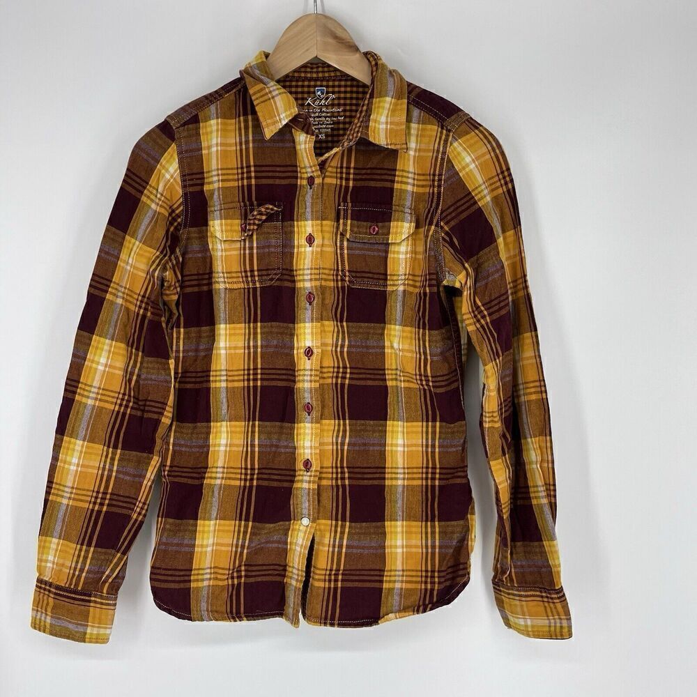 Kuhl Shirt Size XS Womens Maroon Yellow Plaid Button Front Flannel Pockets Top